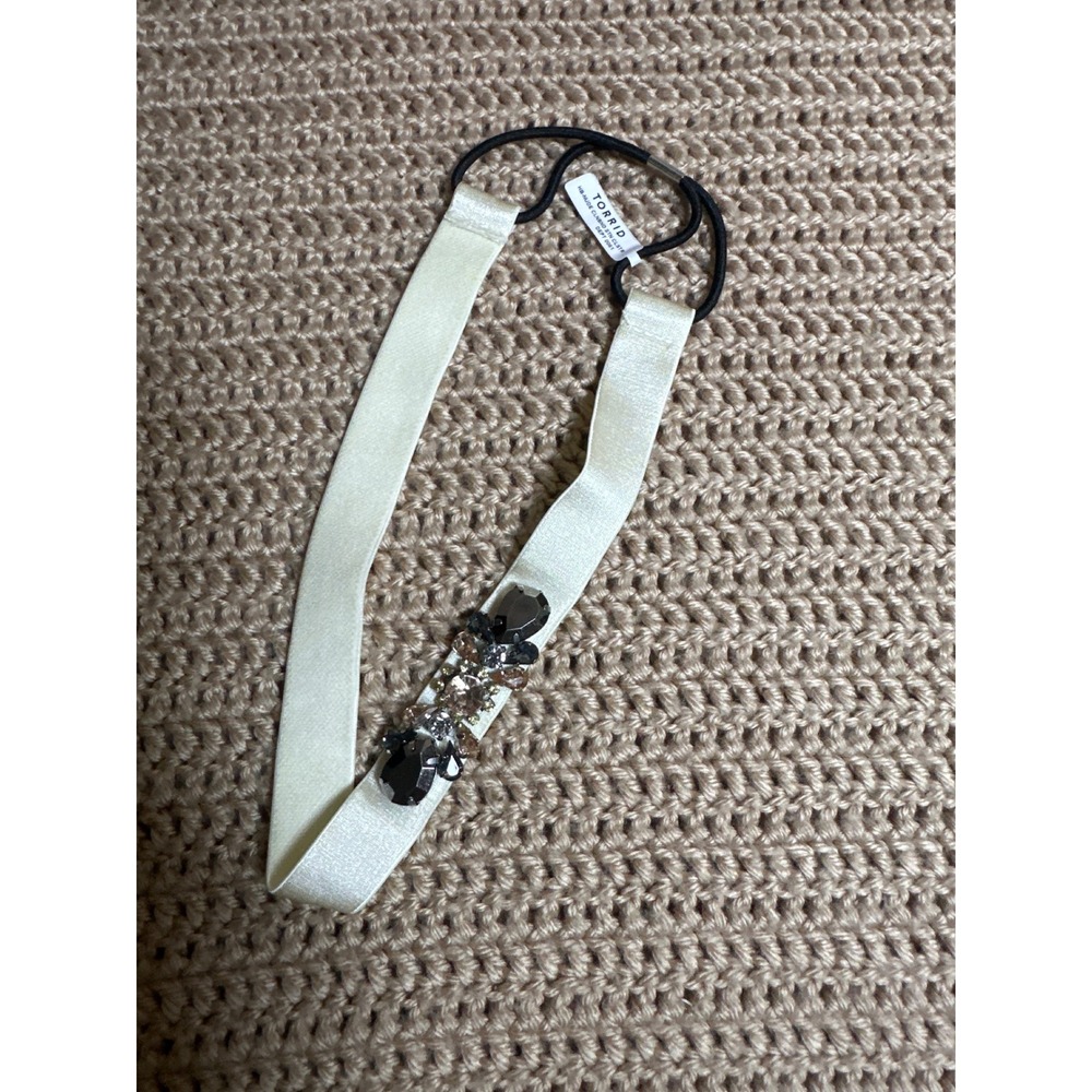 Torrid Cream Satin Rhinestone Elastic Headband Smoky Grey Crystal Accessory